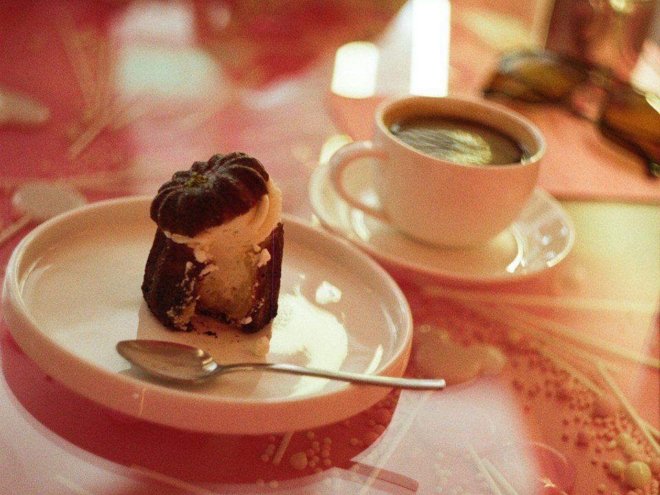 Cake and coffee on a café table