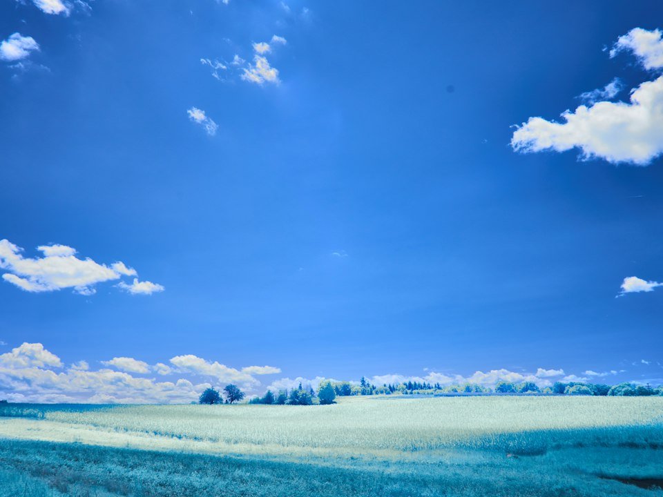 Fluffy white clouds over a green field