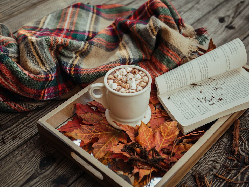 Coffee with marshmallows beside an open book